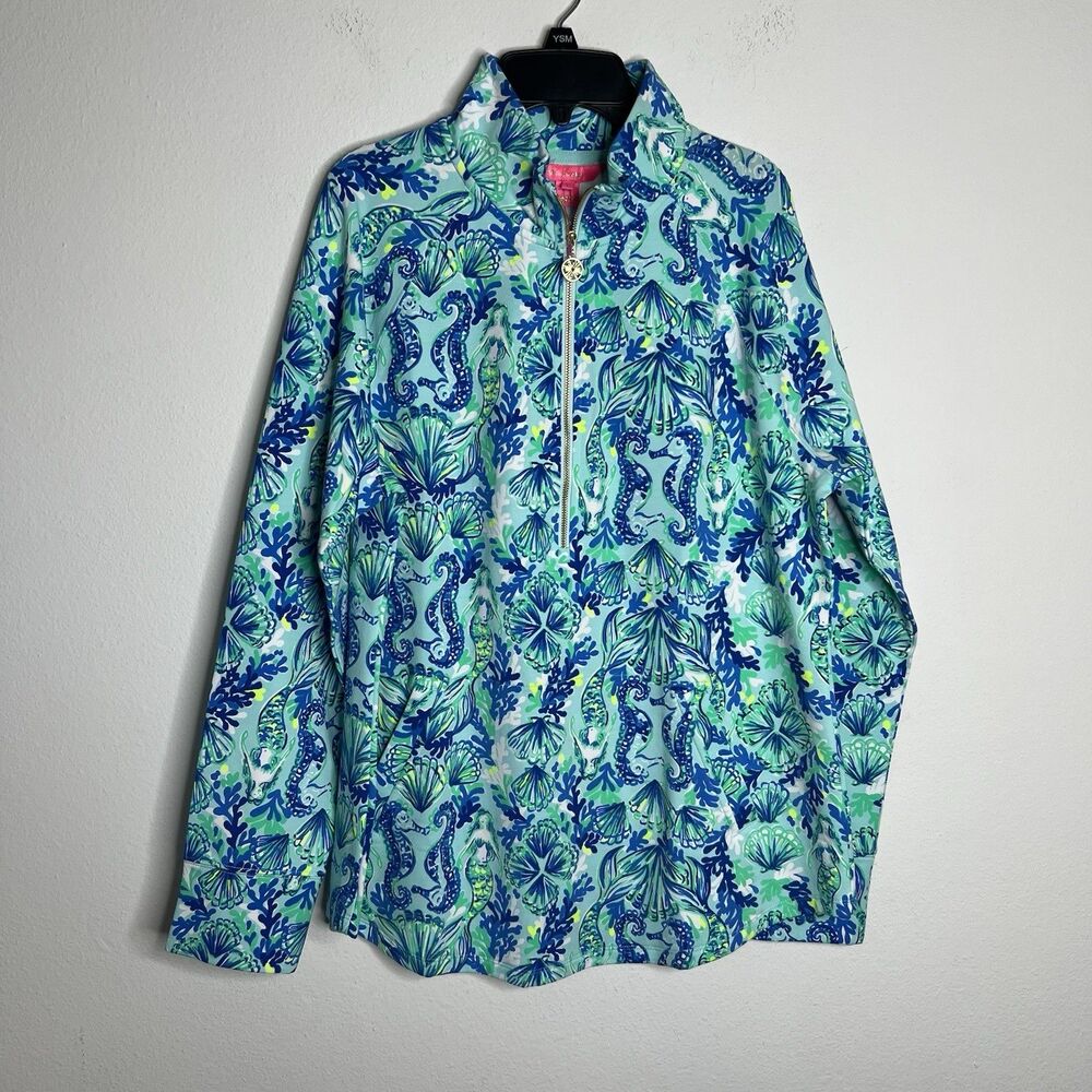 Lilly Pulitzer Popover Aqua And Blue Mermaid Seahorse Print UPF 50+ 1/4 Zip SZ L